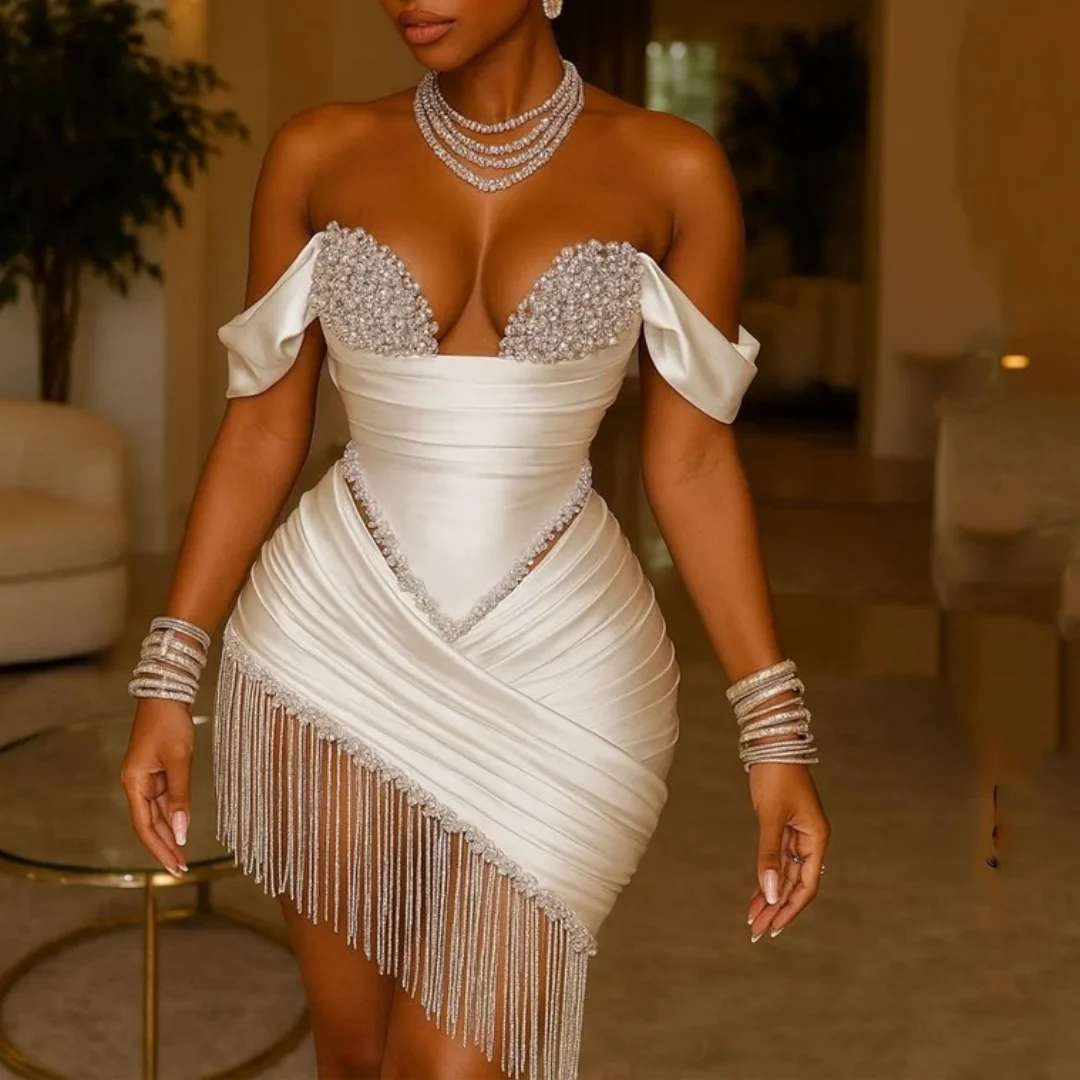 

Luxury Mermaid Prom Dresses Short Homecoming Dress Off The Shoulder Beads Major Tassels Satin Mini Party Gowns Customized