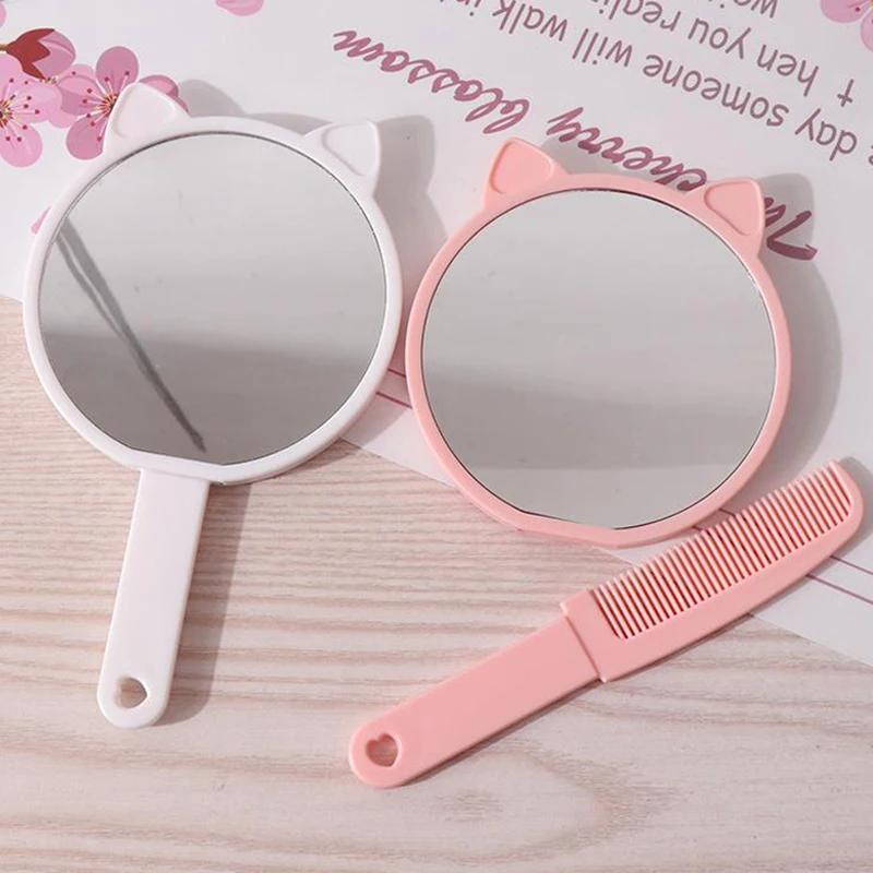 Cartoon Cat Makeup Mirror On Handle Mini Vanity Mirrors Hair Comb Integrated High Definition Portable Women Girl Cosmetic Tools