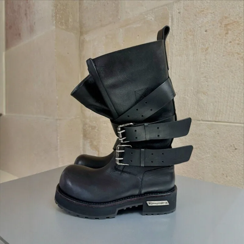 Modern Vintage Big Round Toe Height Increasing Boots Men's Belt Buckle Street Style Mid-Calf Boot Platform Motorcycle Boots