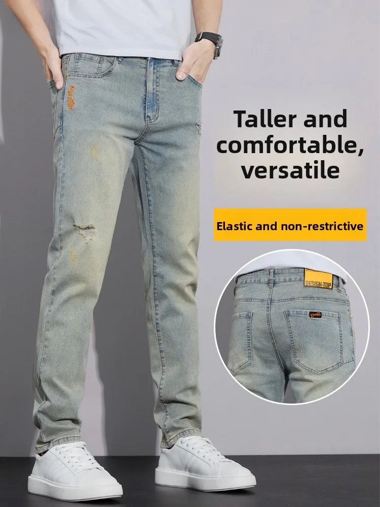 

Джинсы с вышивкой из ледяного шелка, облегающие, летние, тонкие, новый стиль, ретро, длинные брюки, дышащие, удобные, молодежные, модные, хлопок/полиэстер