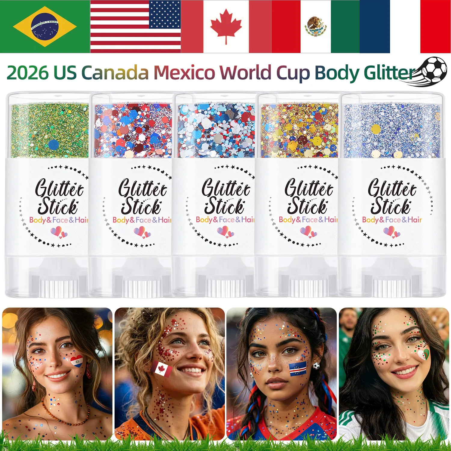 Barra de Brillo para el Cabello y la Cara para Fanáticos del Fútbol – Brillo Intenso, Pintura Facial Patriótica Roja, Blanca y Azul, Brillo Corporal, Artículos para Fiestas