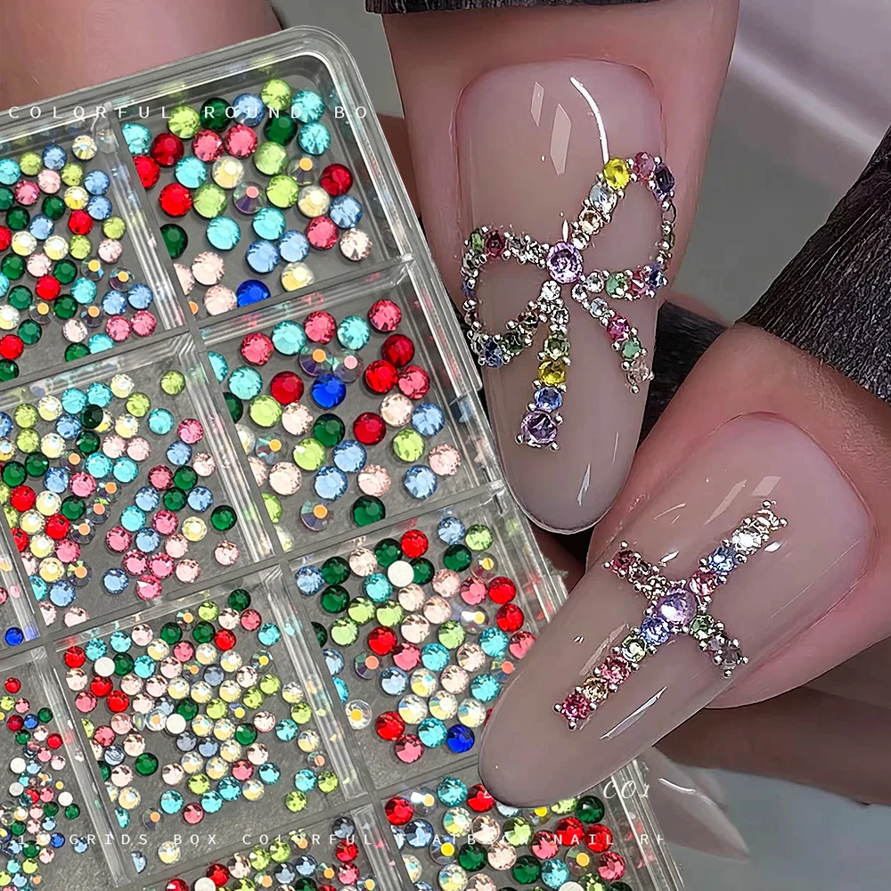 12Grids Mini Colorful Multi Size Nail Art Charms 3D Mixed Sparkling Flatback Crystals Gems Non-Heat Fusion Synthetic DIY Crafts