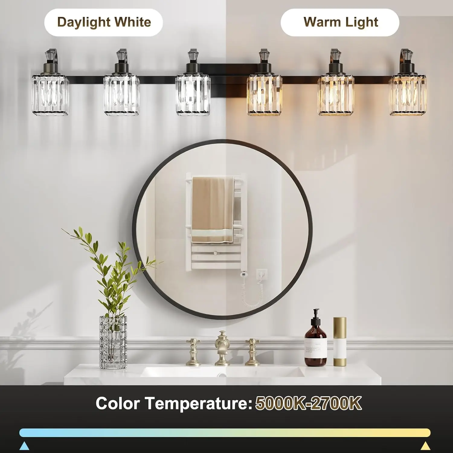 6 Lights Modern Crystal Wall Lighting with Square Shade Bathroom Vanity Light Crystal Vanity Light Fixtures Over Makeup Mirror