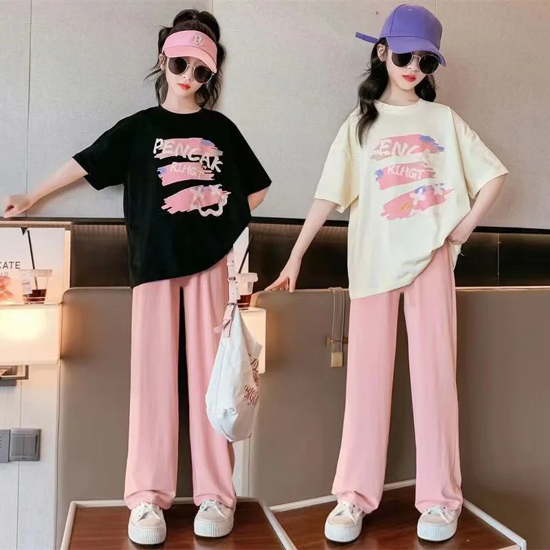 

Girls' Letter Printed Loose T-shirt Straight Leg Long Pants Set 2024 New Children's Short Sleeved Loose Long Pants Two Piece Set