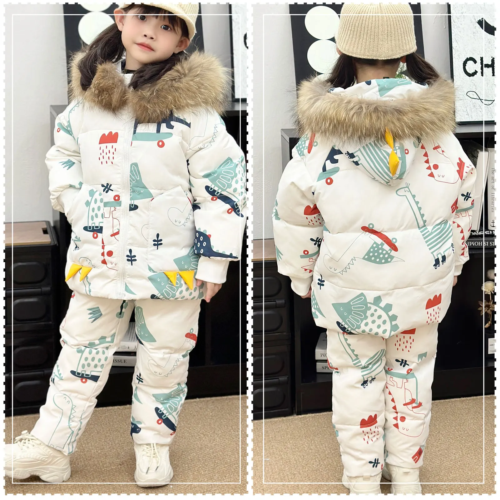 2-Piece Kids Winter Snowsuits,Print Down Jacket + Bib Pants,Warm Toddler Boys Girls Puffer Down Coat,Children's Skiing Suits
