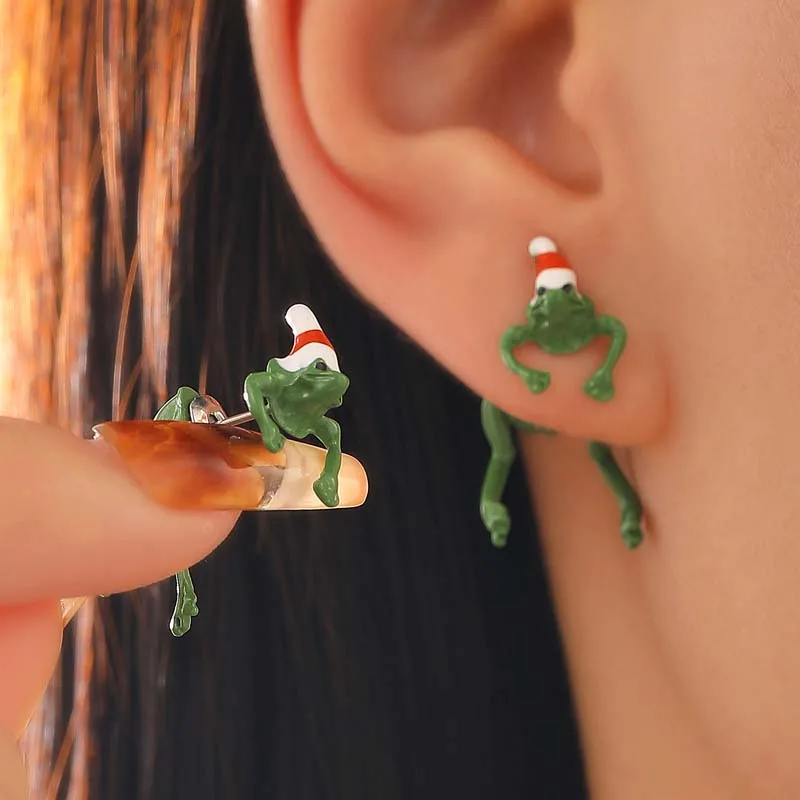 Funny Piercing Frog Stud Earrings for Women Creative Cute Animal Green Frog Christmas Hat Personality Earring Party Jewelry Gift