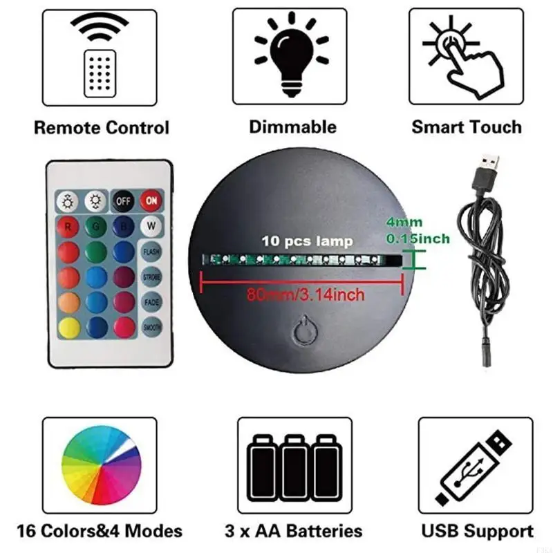 4 Night LED Light Lamp Base Remote Control USB Cable Adjustable 7 Colors Lights