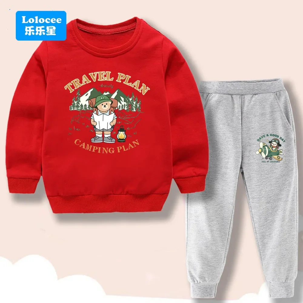 Boys' and girls' autumn/winterset:sweatshirt (pullover) and trousersfeaturing acute camping bear print two-piece children's set;