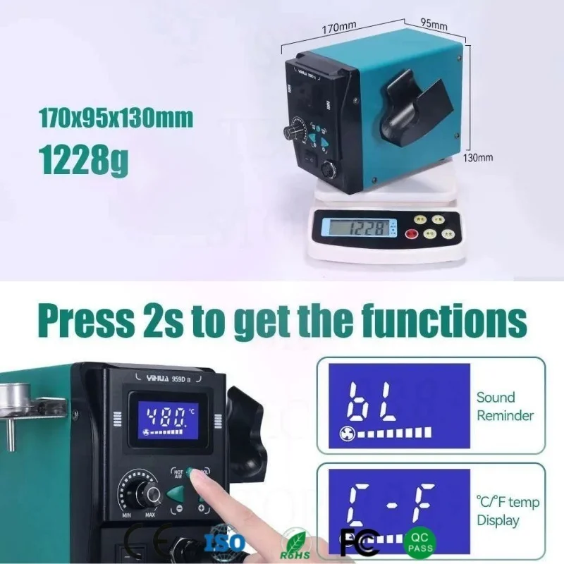 959D-II Hot Air Rework Station Set with LCD Display with 5 Interchangeable Nozzles & Precision Hot Air Gun for SMD & BGA Repair​
