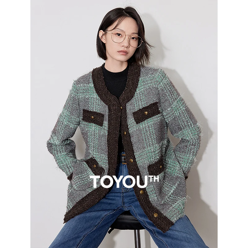 TOYOUTH Women Cardigan Coat 2024 Winter New Wool Elegant Style Grid Pattern Round Neck Thicking Warm Cardigan