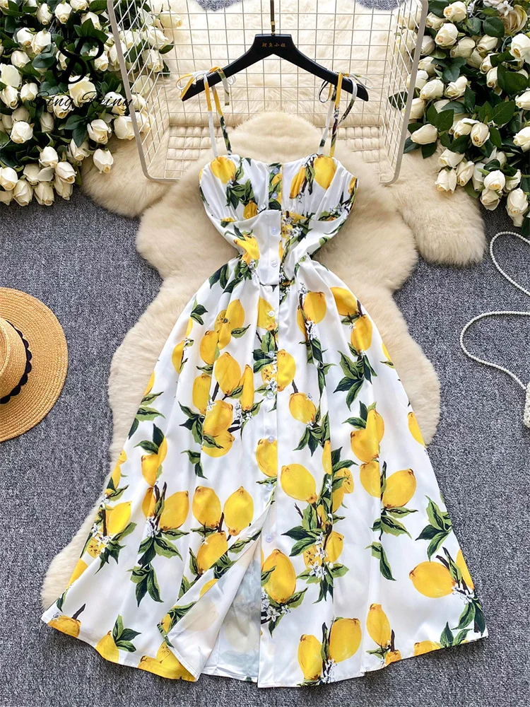SINGREINY Lemon Print Beach Midi Dress Summer Women Spaghetti Strap A line Backless Split Korean Bohemian Floral Sundress - AliExpress 200000345 SINGREINY Lemon Print Beach Midi Dress Summer Women Spaghetti Strap A line Backless Split Korean Bohemian Floral Sundress - AliExpress 200000345