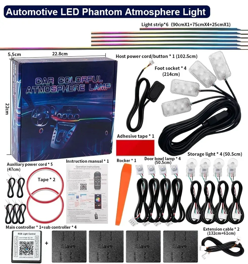 Car Ambient Light LED Light Strip Universal 64-Color Hidden Acrylic Decorative Light Stereo Full-Color Streaming RGB 5V 2812 LED