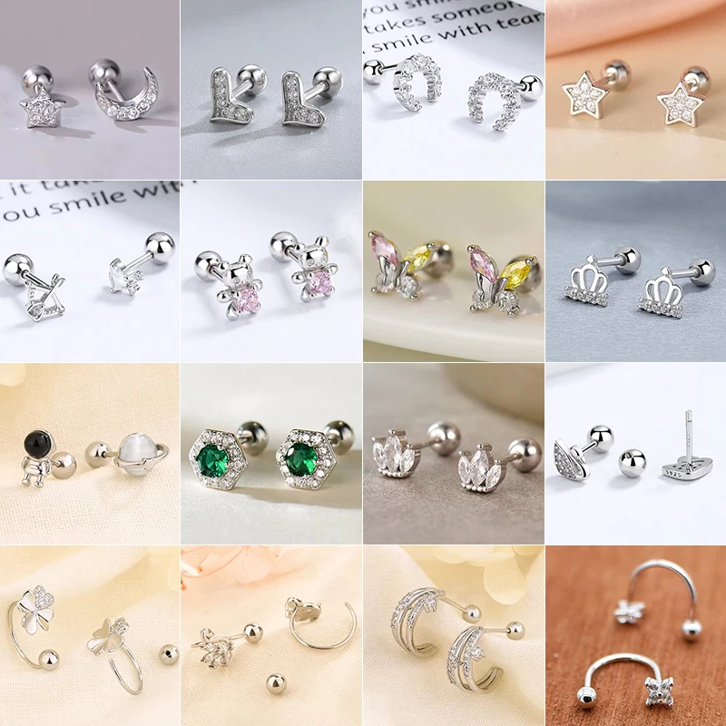 Pendientes de tachuelas de cartílago de circón hipoalergénico de Color plateado, pendientes de agujas de plata 925 para mujer, Piercing para el trago de concha de hélice