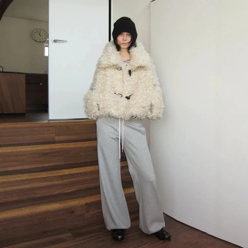  Studio Autumn Winter ort Suede Inner Eco-Friendly Fur Coat Women's Large Collar Button up Jaet Street Sle Loose Fit