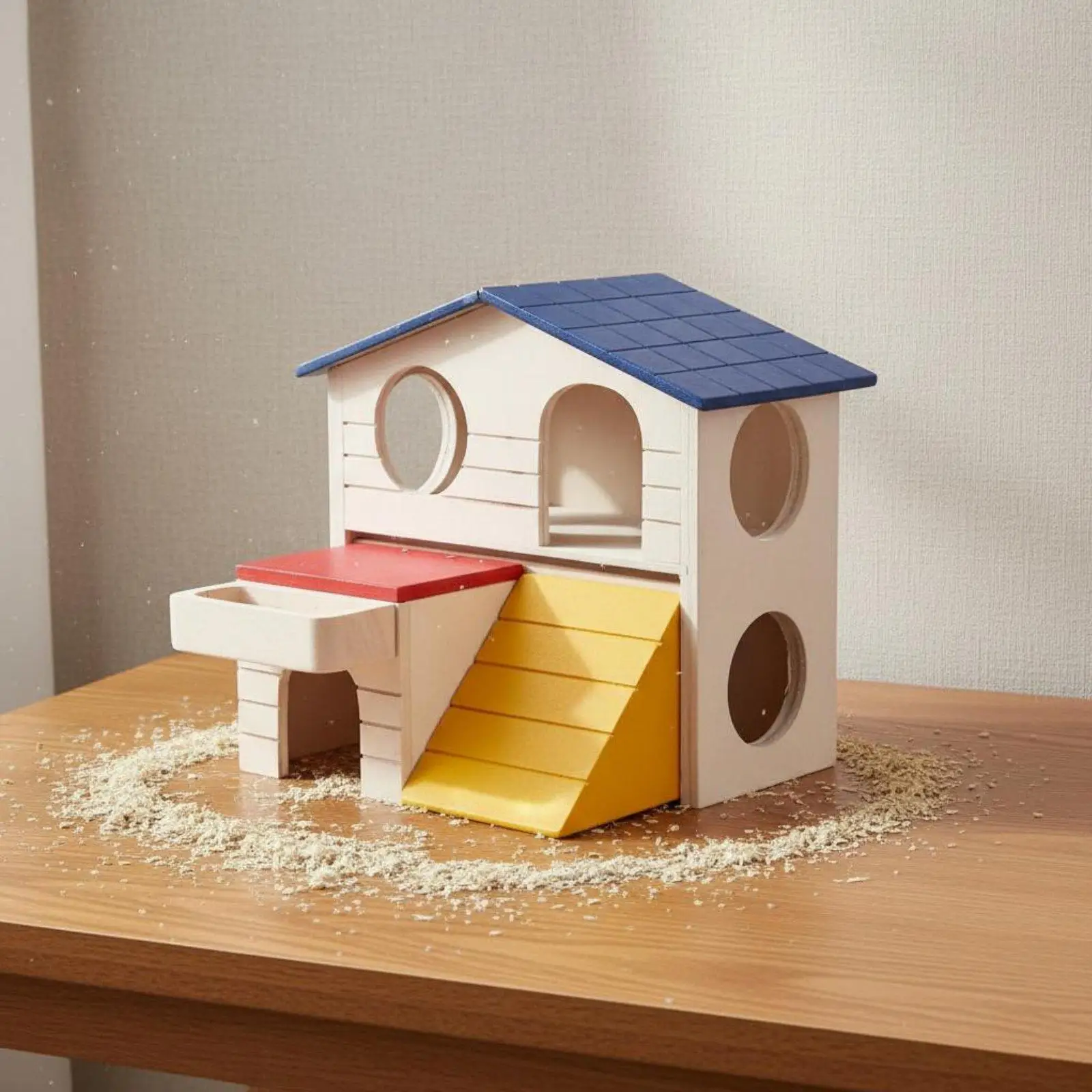 2-Story Hamster House Natural Timber Wood Colorful Small Pet Villa for Terrarium