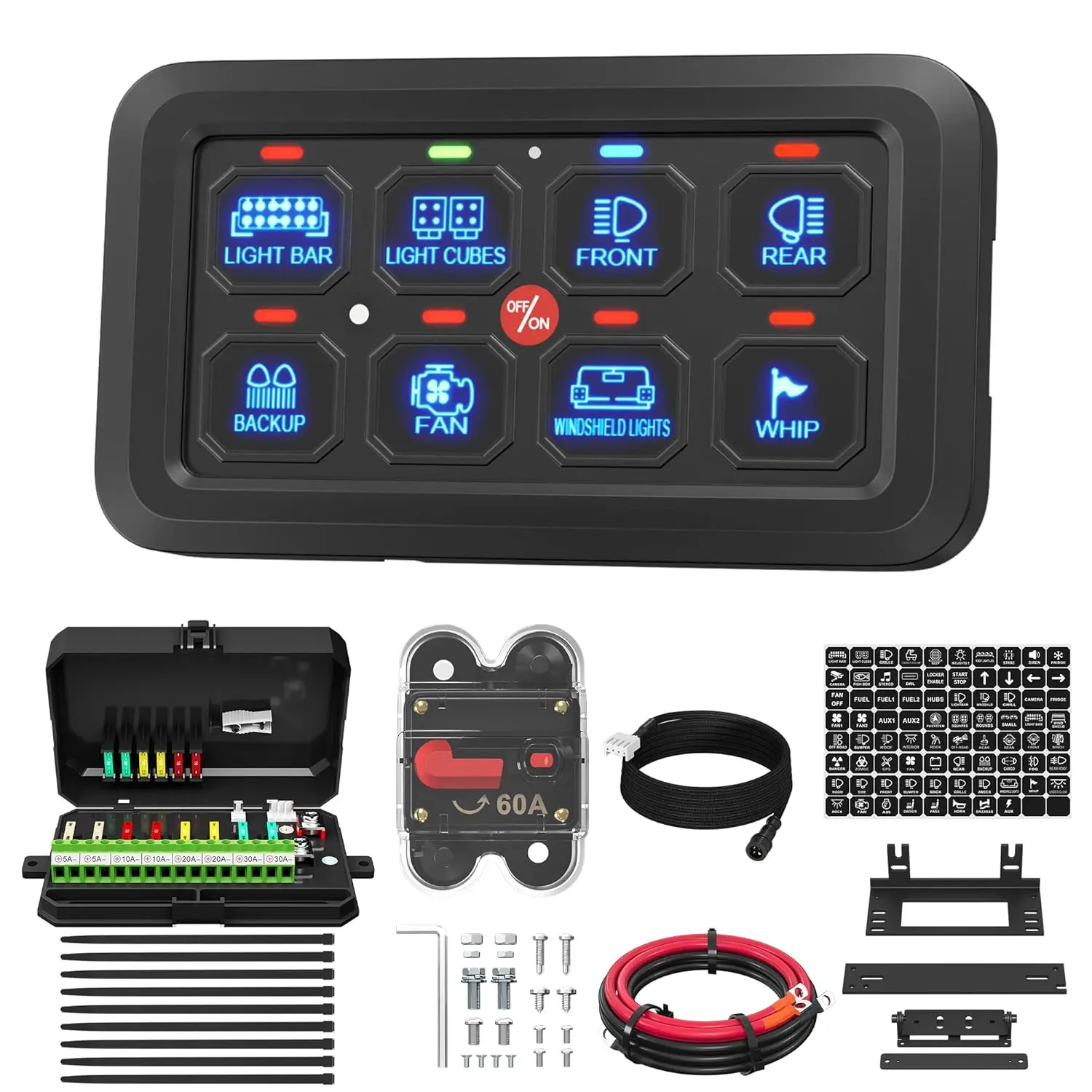 8 Gang Switch Panel RGB LED Lighted Multi-Function Switch Pod Panel Dimmable for Car ATV UTV Boat Marine