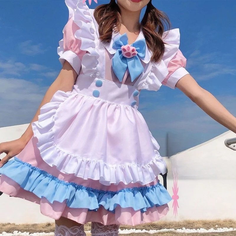 

Adorable Pink Blue Maid Uniform Cosplay Daily Soft Girl Lolita Women's Clothing Rotra Set Dress Cute School Uniform Style