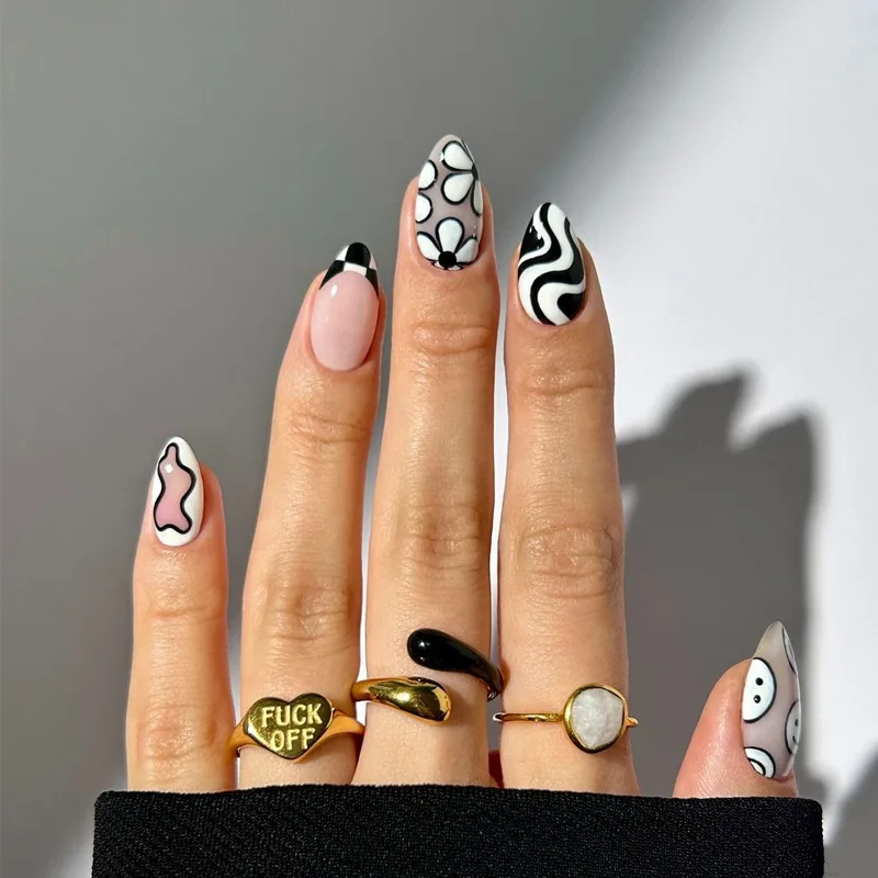 

24pcs Fake Nails Almond-shaped Medium-length with Black and White Smile Flower Zebra Stripe Pattern Removable Press-on Nails