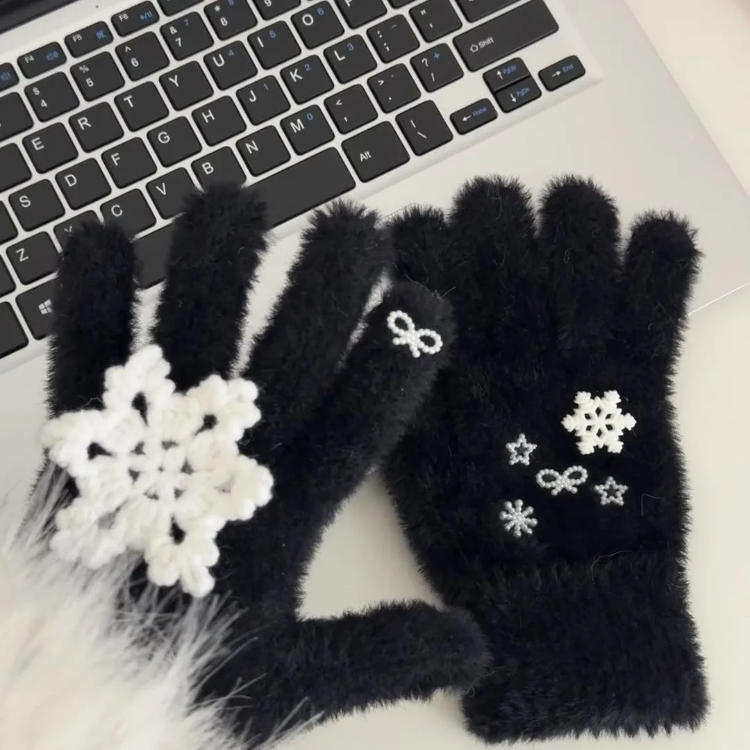 Christmas Snowflake Winter Knitted Gloves Lolita Girl Fluffy Full Finger Warm Gloves Autumn Winterf Touchscreen Glove