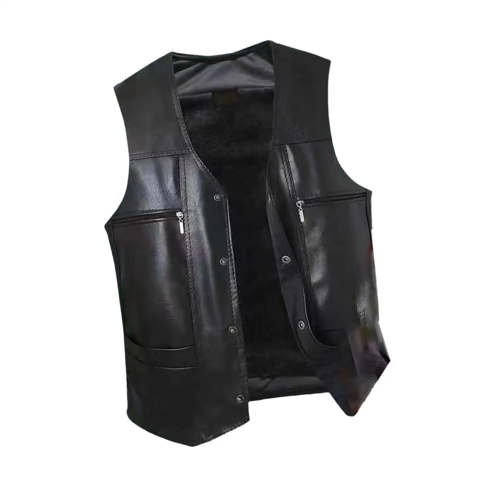 Classic Men Winter PU Leather Motorcycle Vest Sleeveless Jacket Warm Casual Punk Lightweight Waistcoat for Outdoor Riding Work