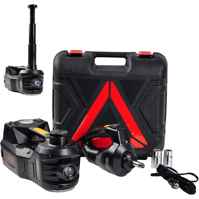 طقم جاك السيارة الهيدروليكية الكهربائية 5 طن 12 فولت نطاق الرفع المحمول 17.7 بوصة مع مفتاح ربط الصدمات ومضخة نفخ الإطارات