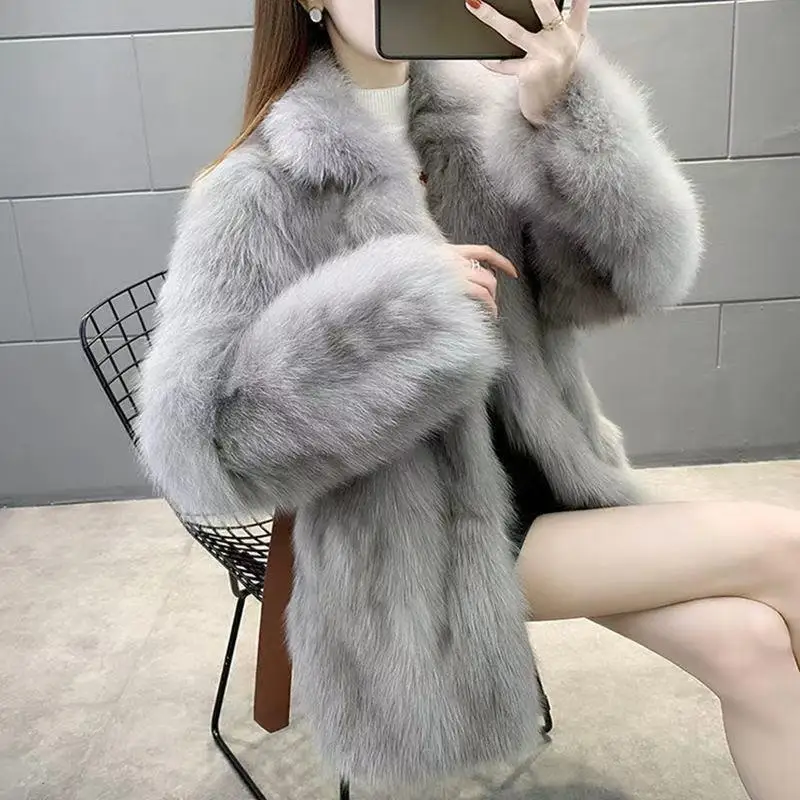 Pockets Women Imitation Mink Fur Mid-Long Thicken Jacket Slim Plush Coat High Quality Women Clothing New Fashion Autumn Winter