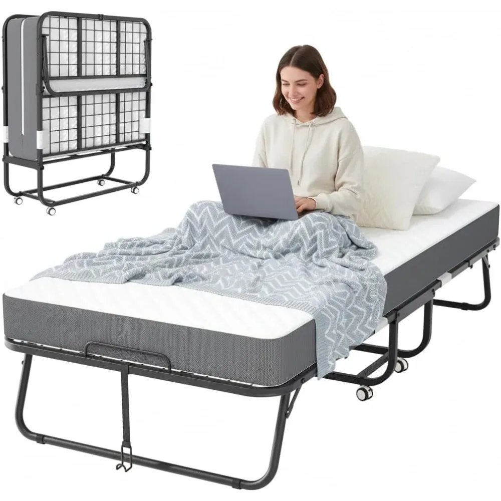 

Folding Bed with Mattress, 75 x 31 Cot Size Rolling Fold Up Bed, 5 Thick Memory Foam, Space-Saving &Roll Away Beds