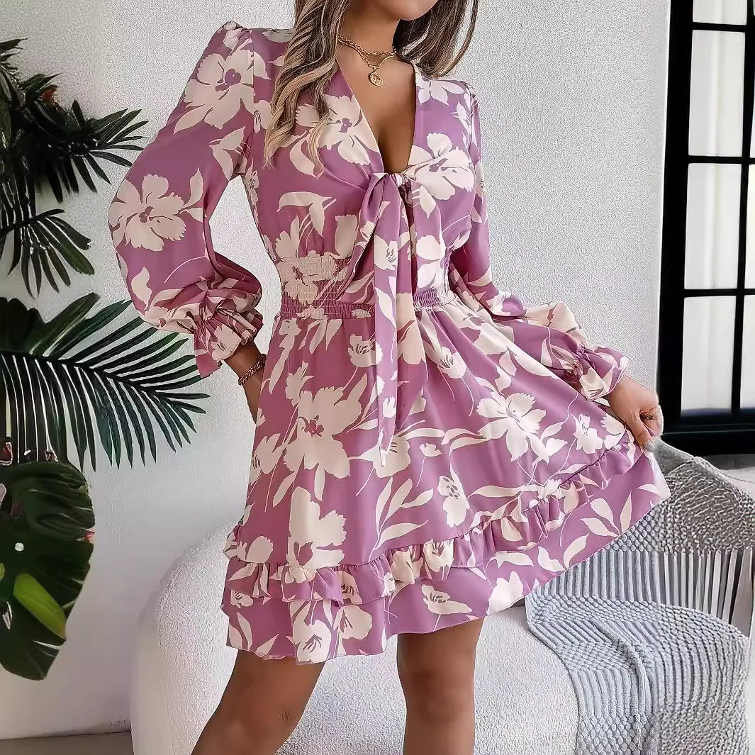 2025, Herbst-Winter, lässig, floral, langärmelig, A-Linien-Rock mit ausgestelltem Saum, Damenkleid, elegante Mode, schöne Damenkleider