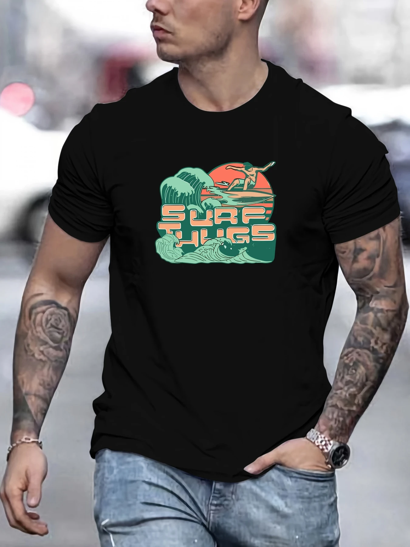 

Men's Surfing Pattern Summer Casual Crew Neck Short T-Shirt