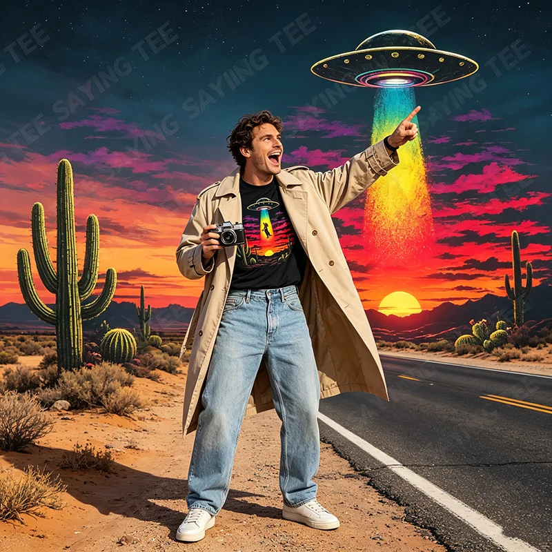Lustiges Dackel-UFO-Abduktions-T-Shirt mit Wüstensonnenuntergang, Y2K-Alien-Abduktions-Hunde-Kunst, Ästhetische Kleidung, Neuartiges Geschenk, Sci-Fi-T-Shirts – Detail 4