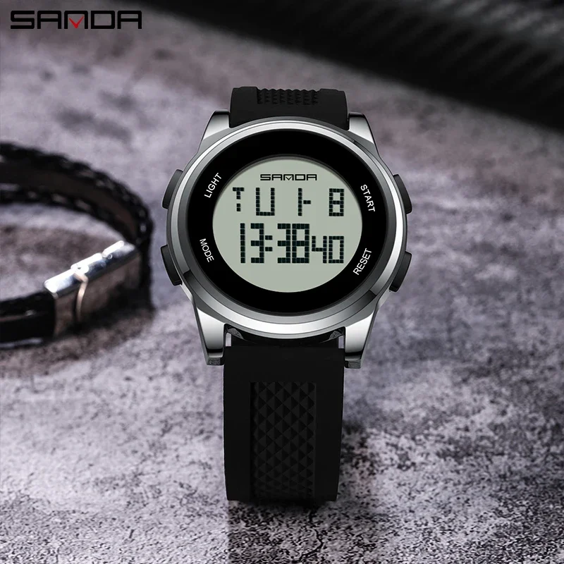 Sanda 9067นาฬิกา LED จับเวลาสำหรับผู้ชาย, นาฬิกาอิเล็กทรอนิกส์ Jam Tangan Digital นาฬิกากีฬาทหาร