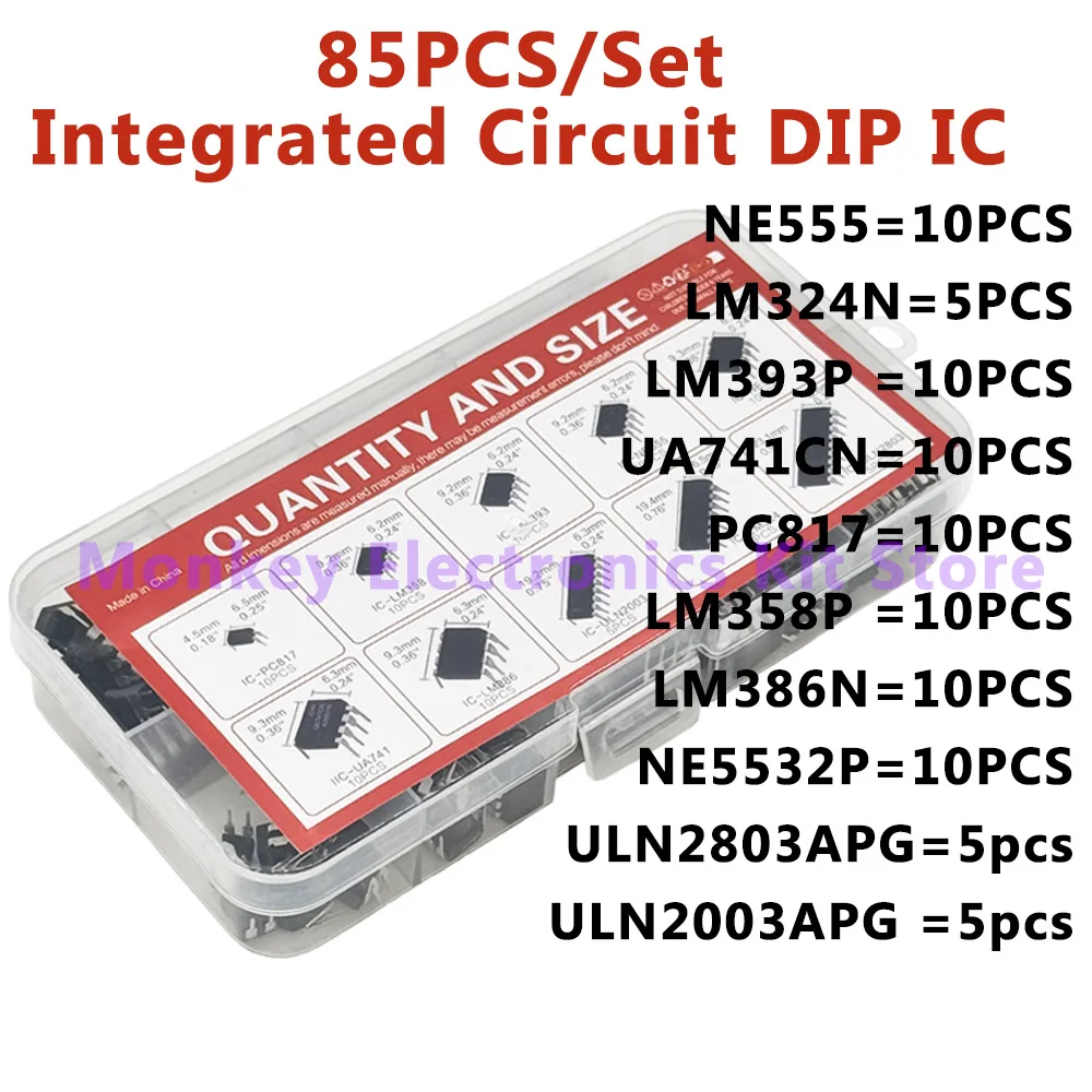 85PCS Integrated Circuit IC NE555 LM324 LM358 ULNN2803 IC chip kit DIP single precision timer 10 kinds diy kit electroni tentacl