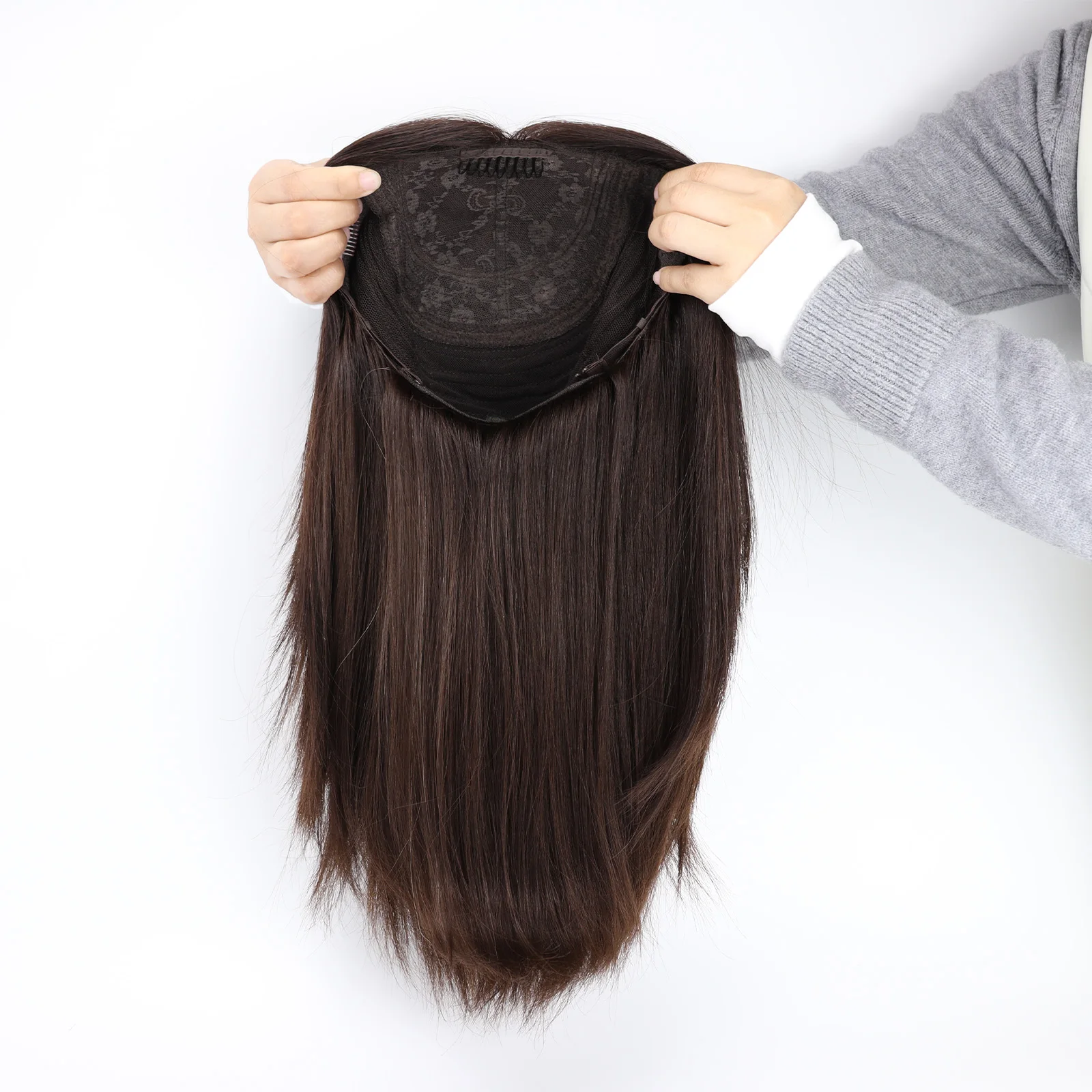 باروكة من شعر طبيعي يهودي حقيقي عذراء شعر أوروبي بطبقات بني مستقيم من الحرير شعر مستعار كوشير شعر مستعار طبيعي لفروة الرأس قاعدة حريرية