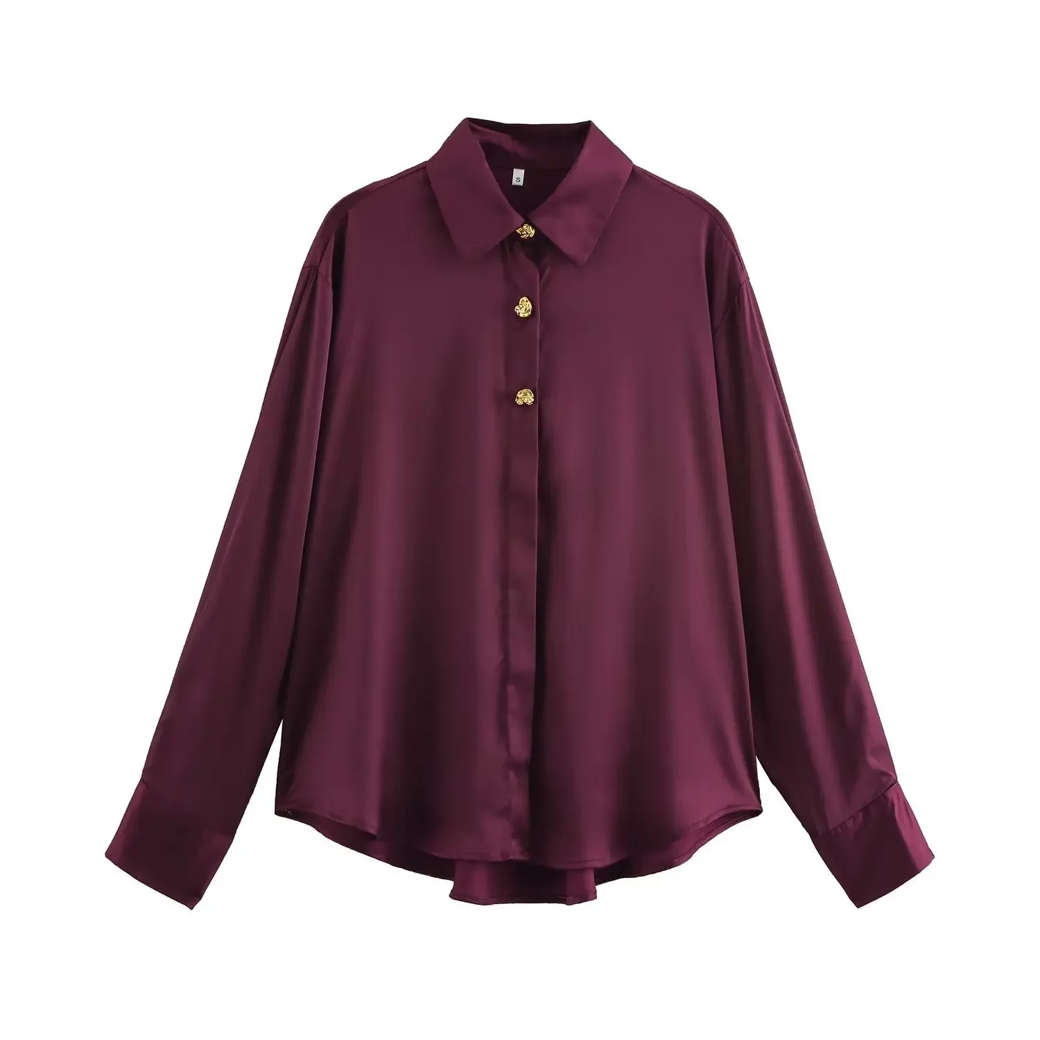 

2025 spring new European beautiful women satin solid color fashion metal buckle silk satin texture long sleeve drape shirt