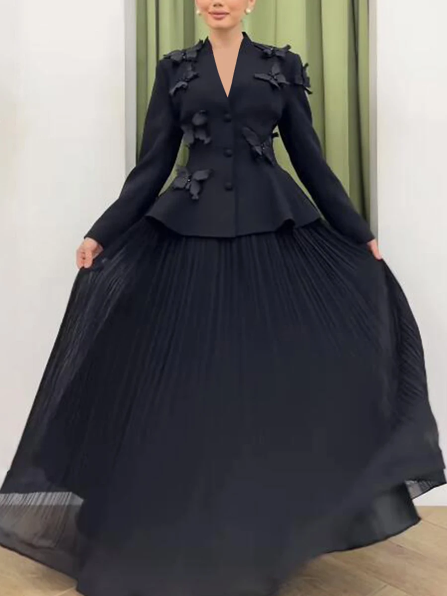 TWOTWINSTYLE Elegant Two Piece Sets For Women V Neck Long Sleeve Tunic Designer Coat High Waist Pleated Skirt Formal Set Female