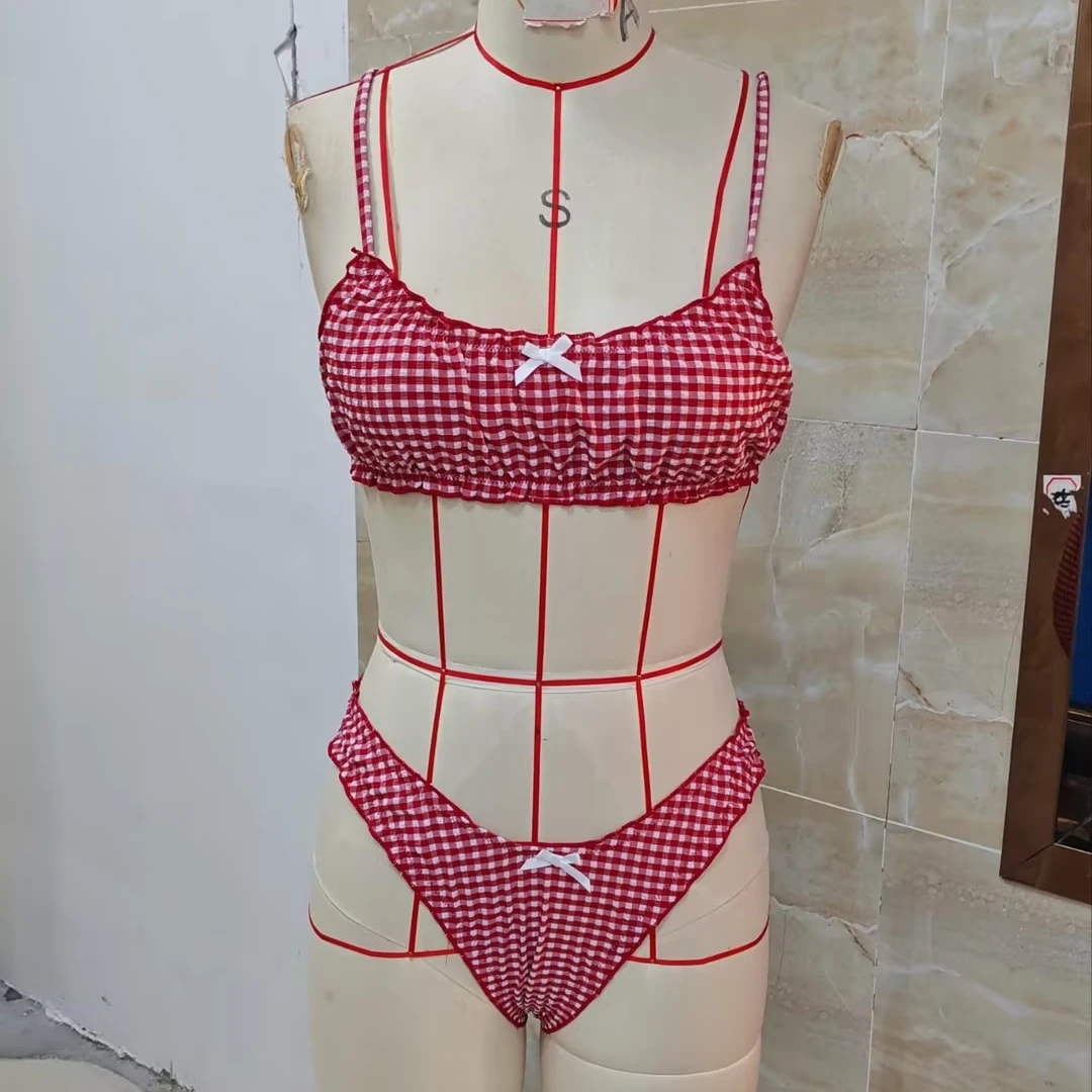 

Women's Plaid Spaghetti Strap 2 Piece Bikini Set Low Elastic Waist Briefs Fashionable Bathing Suit Ensemble