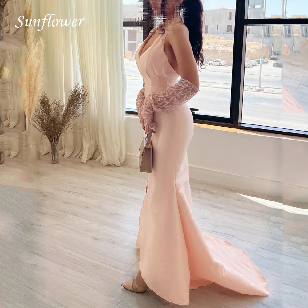 Sunflower V-Neck Halter Prom Gowns Floor-Length Mermaid Evening Dress Lace Half Sleeve Party Dress 2023 Satin High-end Custom