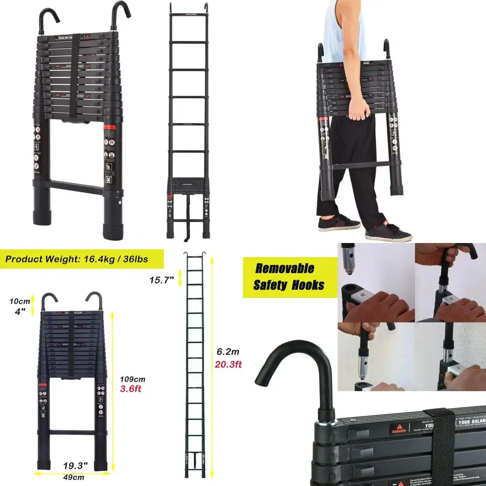 Scala di estensione in alluminio 20,3FT 6,2 m portatile pieghevole con ganci staccabili, scala domestica leggera da 36 libbre per esterni e