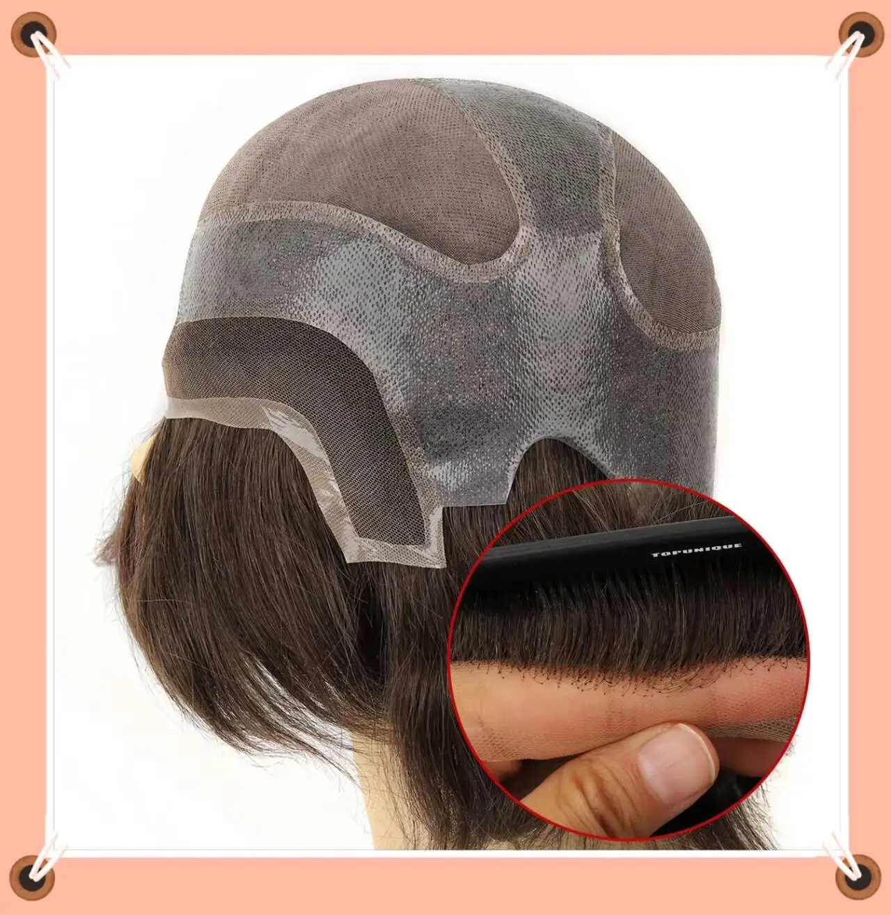 TUG01 Men’s Wig Mono Top & Back with Skin and Lace Front Custom Fit Indian Remy Human Hair Wigs for Mens Hair Men Pieces
