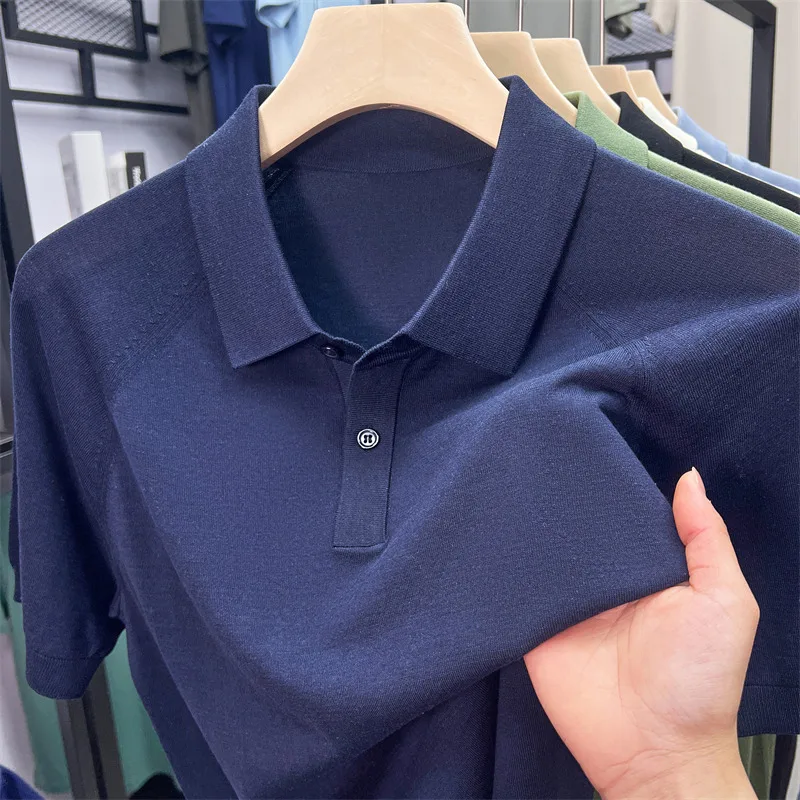 T-shirt da uomo in seta di gelso 2025 Polo estiva classica in maglia Lyocell Top a maniche corte Maglieria da uomo in cotone di seta sottile e traspirante