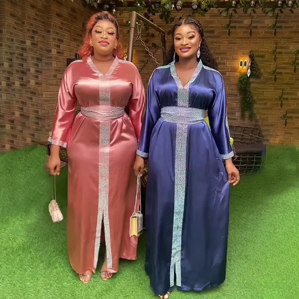 

Summer Elegant African Women Long Sleeve V-neck Polyester Solid Color Long Dress Dashiki African Dresses for Women