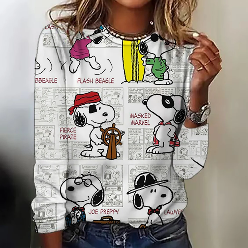 Women\'s Snoopy print long-sleeved tops round neck casual tops 3d printed Cartoon fashion stickers printed women\'s long-sleeved T