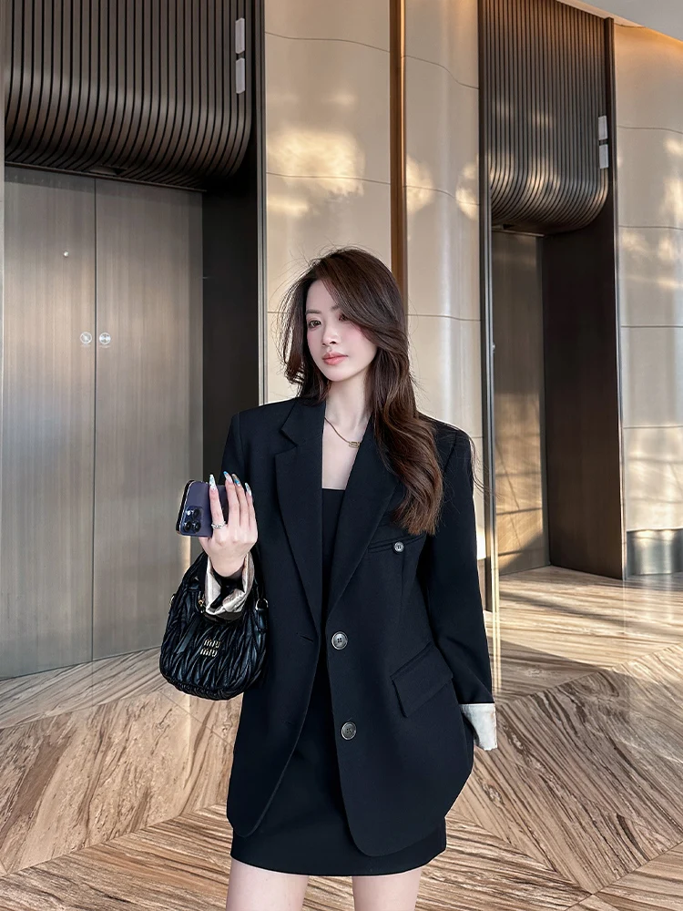 우아한 블랙 수트 재킷 여성용 루즈 캐주얼 스타일 출퇴근 패션 폴리에스터 긴 소매 싱글 버튼 클로저 단색