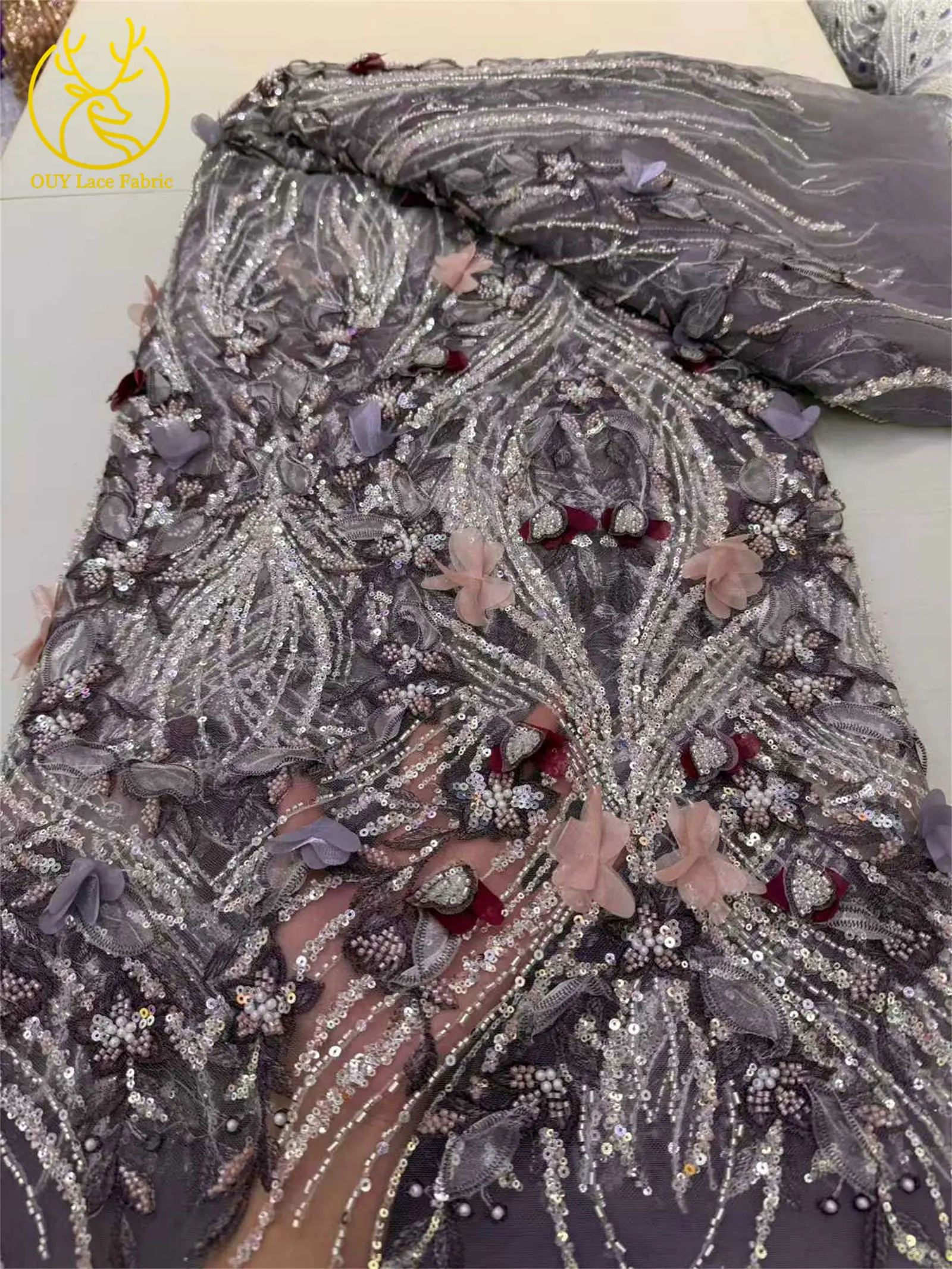 Neueste 3D Blumen Afrikanische Perlen-Spitzenstoff 2026 Französischer Nigerianischer Pailletten-Spitzenstoff für Braut Hochzeitskleid Material – Detail 4