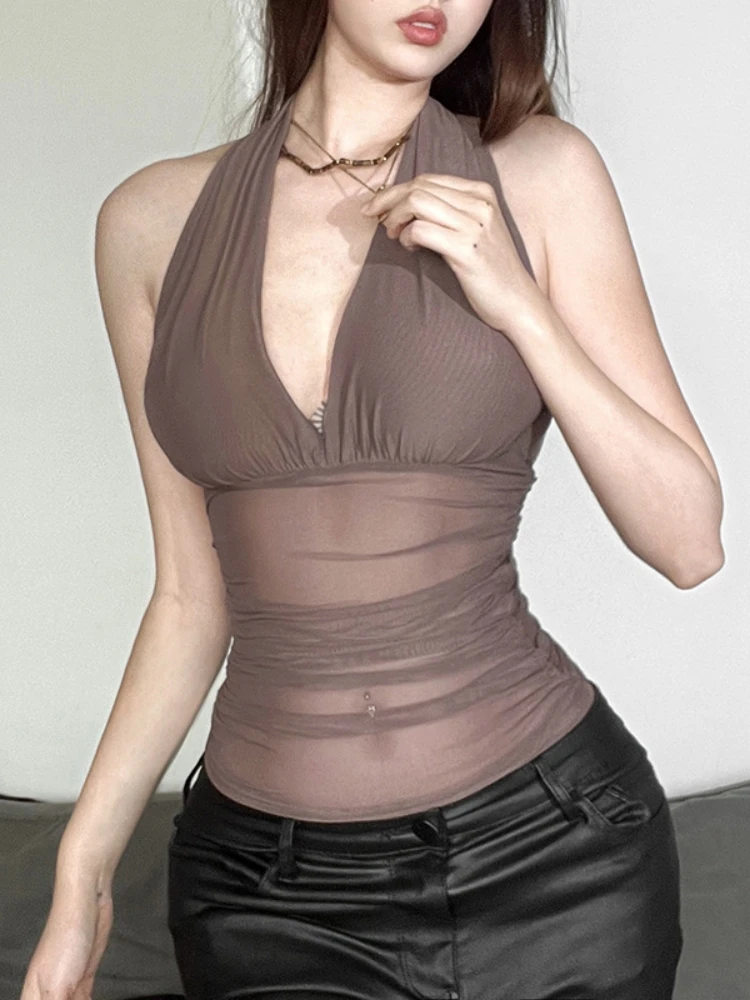 See Through Mesh Halter Top Neck-mounted Crop Top Women Edgy Clothes Y2k Accessories Backless Camison Verano Cute Ropa De Mujer