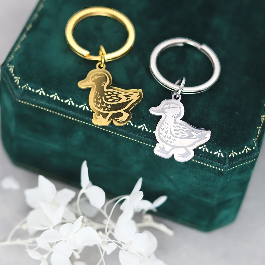 Custom ID Tag Name Phone Cute Duck Walking Pendant Key Chain Stainless Steel Party Jewelry Accessories Gift for Men and Women