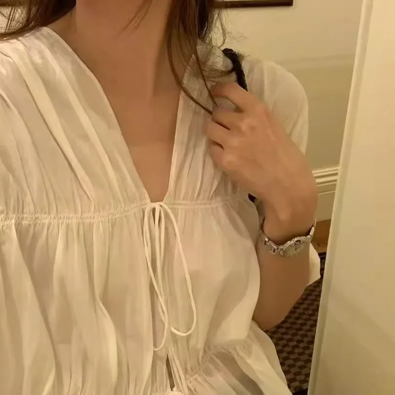 Sweet Ele V-Ne Long Sve irt Dongda Gate Ounce Retro Design Sense Tie Women's Cotton Breathable Comfortable Faion