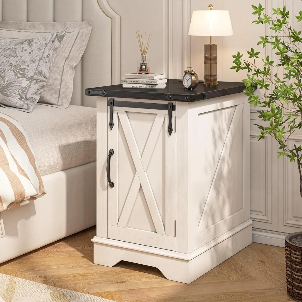 

Nightstand with Charging Station,Farmhouse 25 End Tables with Barn DoorLarge Wood Sofa Side Table with Adjustable Storage Shelf