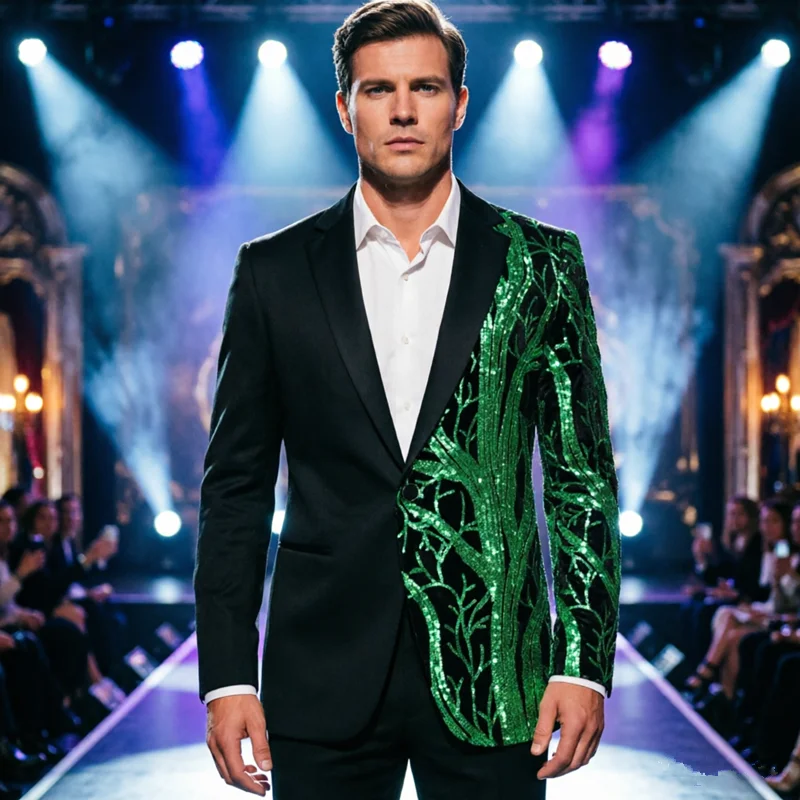 Fashion Men's Wedding Ball Party Dress Suit Single Button Splicing Jacket Singer Stage Performance Luxurious Sequined Blazers