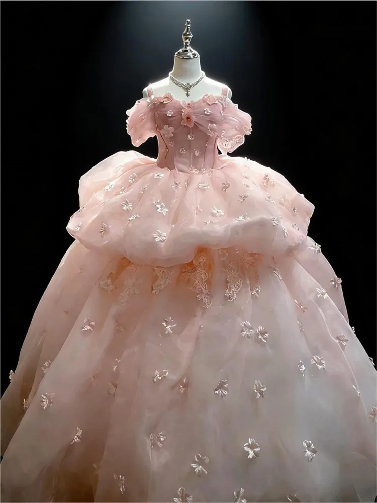 One-shoulder flower student coming-of-age birthday pink toasting dress